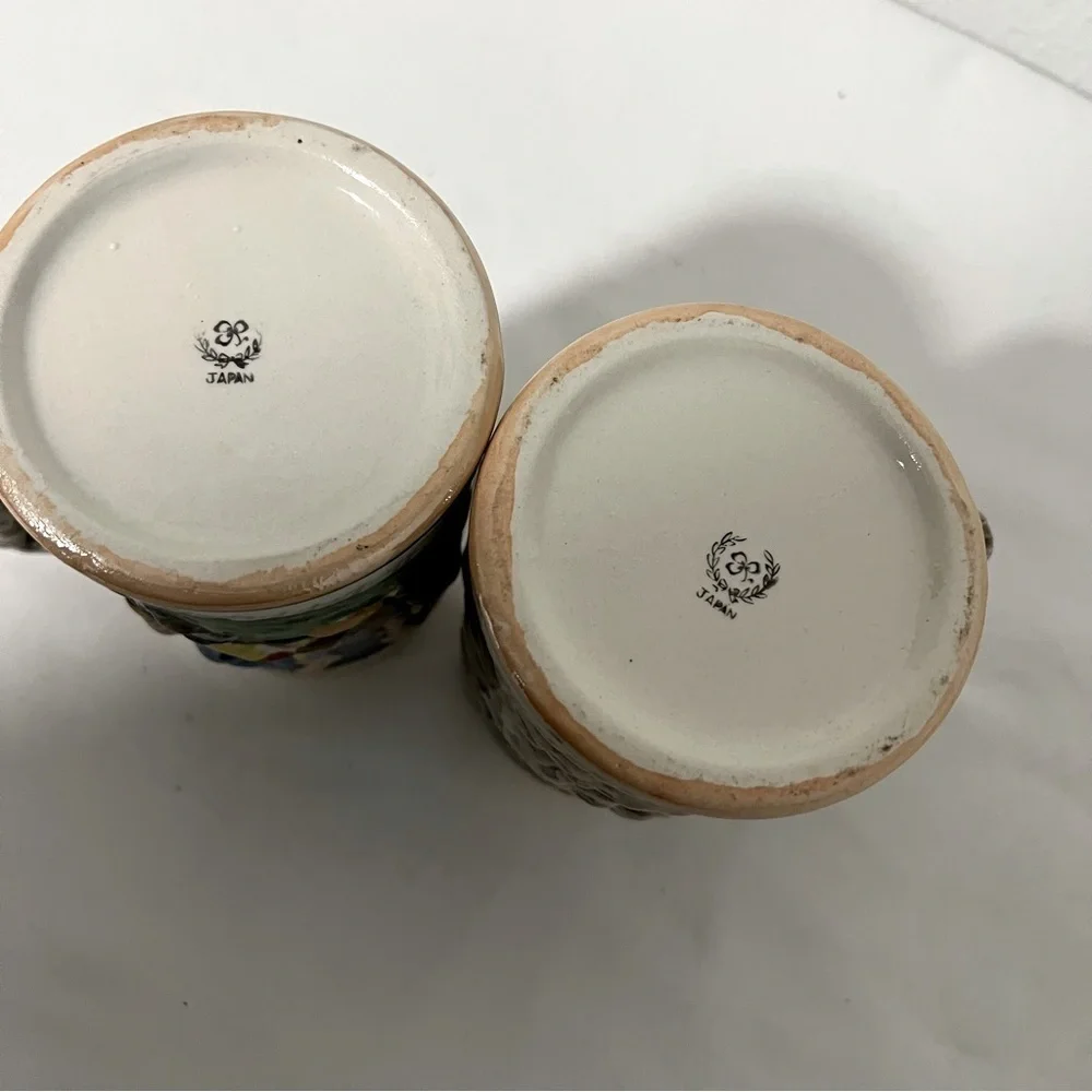 (2) Vintage German Beer Steins Made Japan Tree Handle German Artwork Excellent